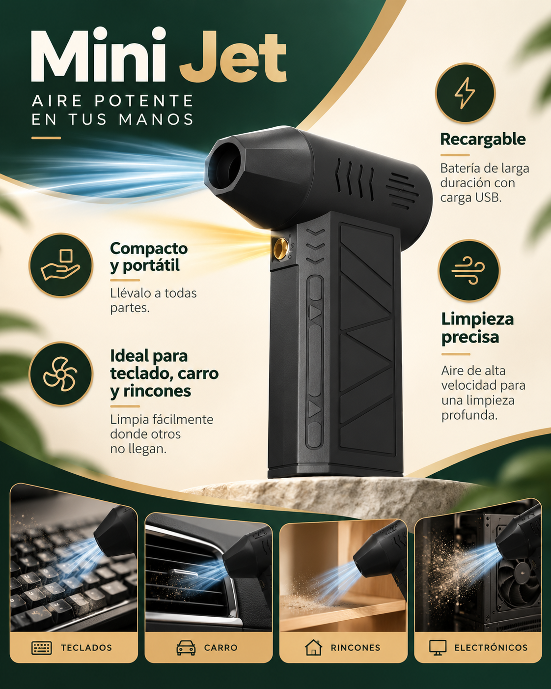 Mini Jet portátil con beneficios y usos principales